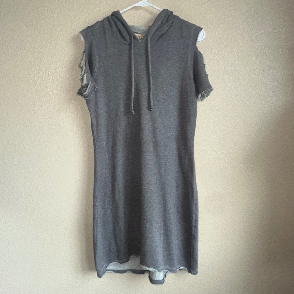 NWT Chaser Gray Cold Shoulder Hoodie Dress Coverup Heathered Mini Short Sleeve S